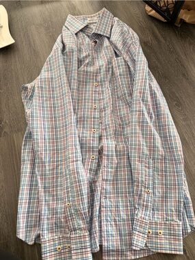 Men's Plaid Button-Down Shirt in White with Blue & Pink Check